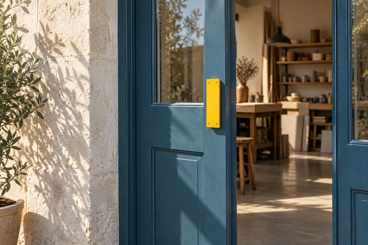 Porte bleue entrouverte sur un atelier, avec un détail jaune