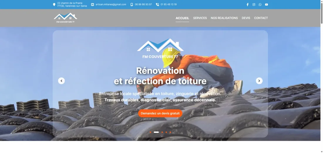 Capture du site FM Couverture 77, issue du portfolio Orizon Studio
